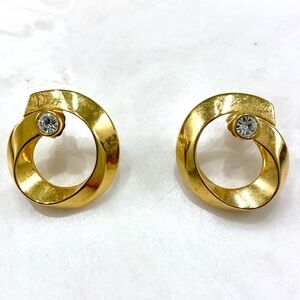 Vintage Avon Gold Tone Swirl Stud Earrings with Clear Crystal